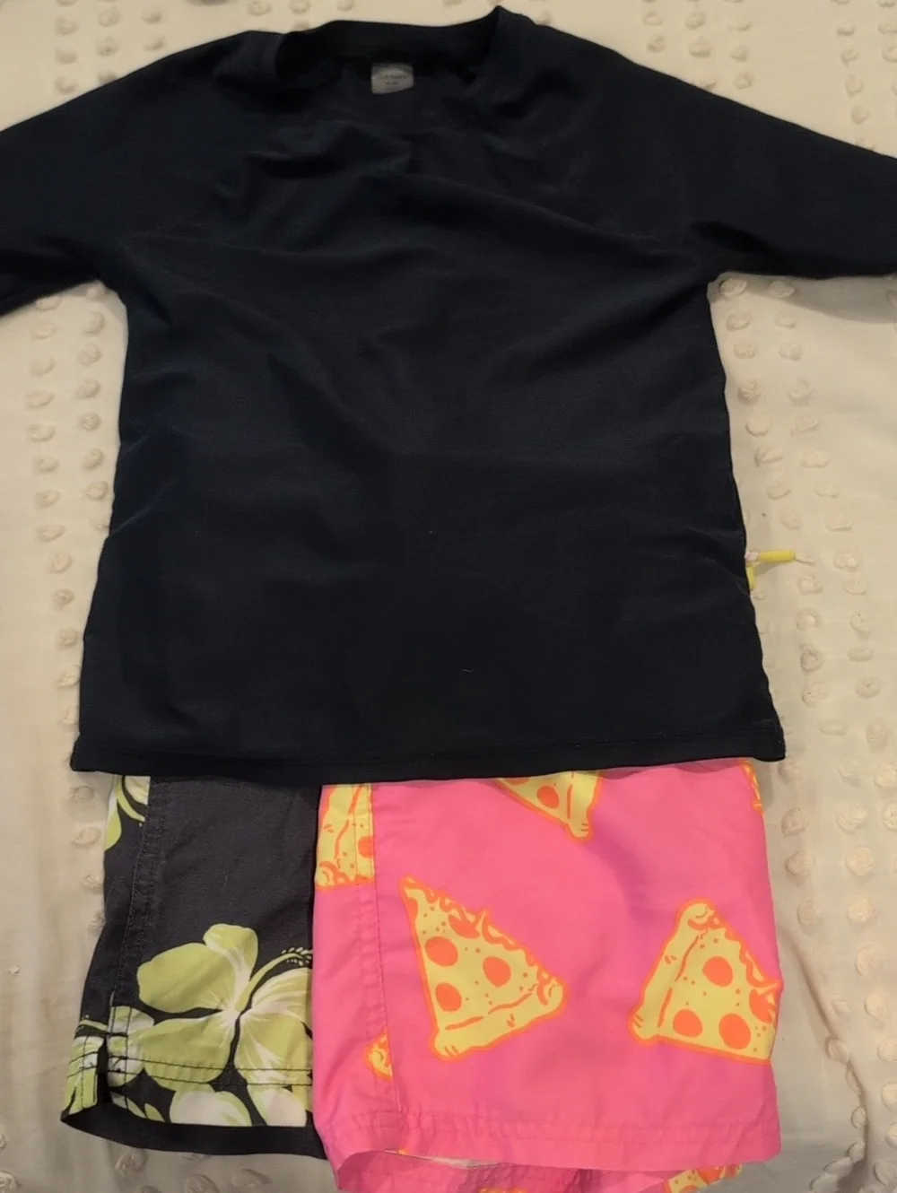 Old Navy Kids Navy Rash Guard Top with Pink Pizza Swim Shorts